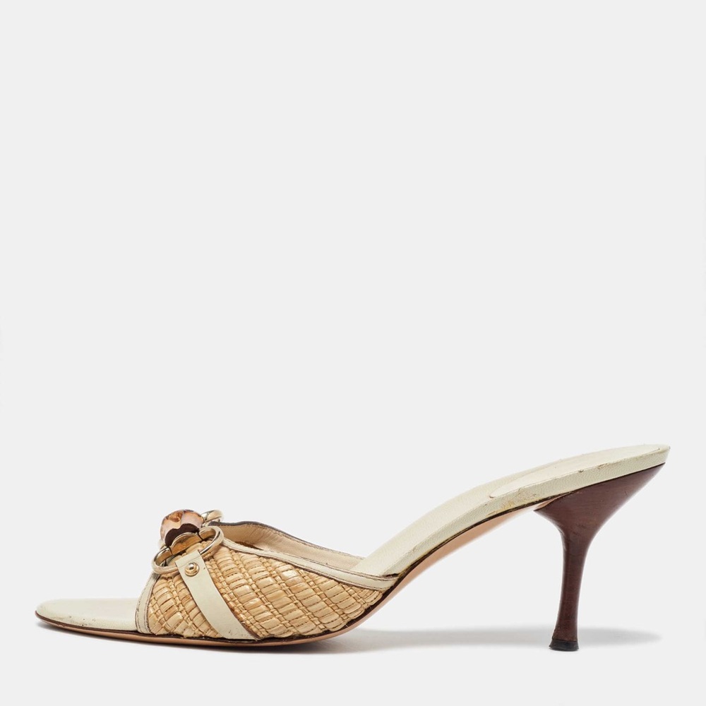 Gucci Brown/Beige Raffia and Leather Bamboo Horsebit Slide Sandals - Picture 2 of 6